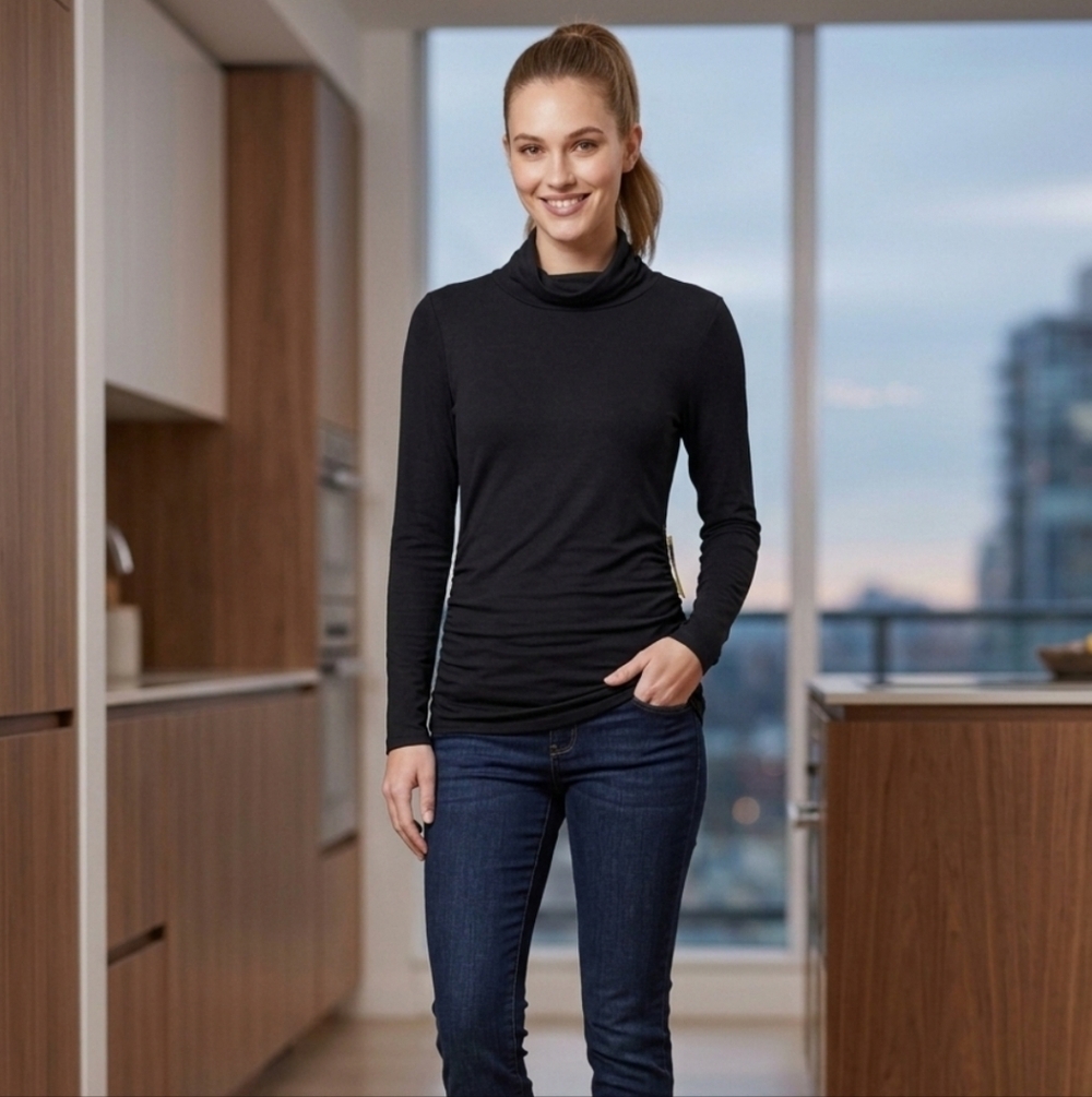 Dex Black Ruched Stretch Long Sleeve Top - Size M NWT